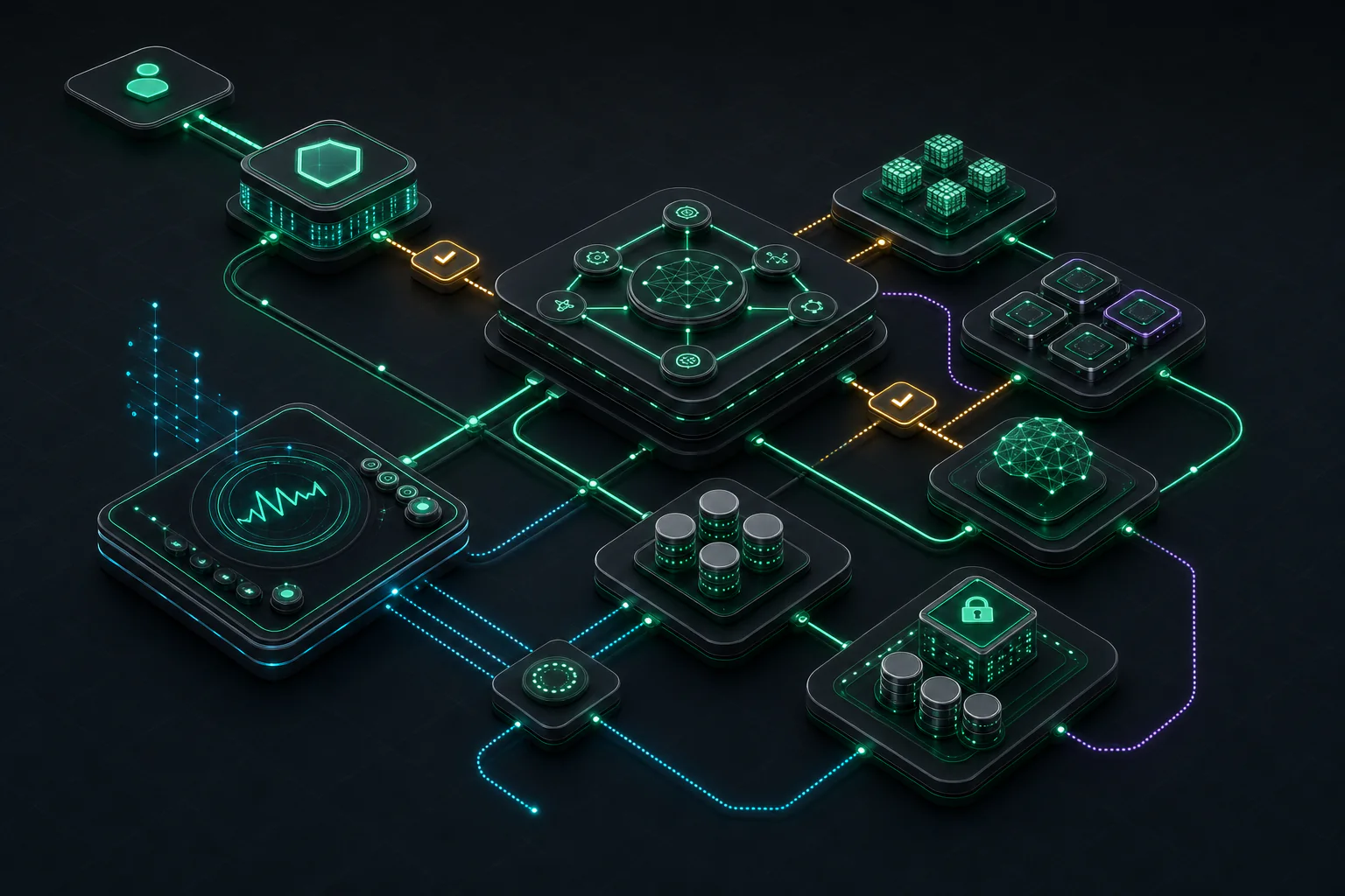 A governed production AI reference architecture with observable, secured service boundaries.