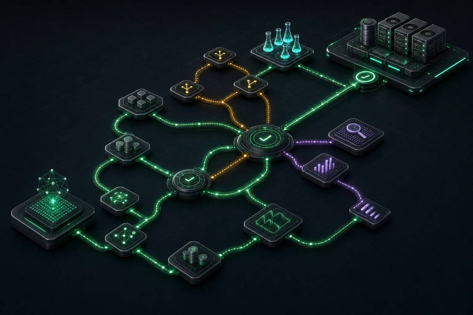 A connected AI engineering path moving through knowledge, labs, decisions, mastery gates, and production deployment.